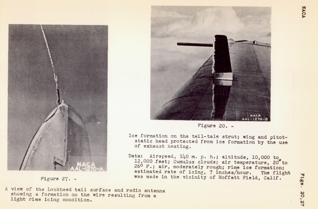 Figure 20. Ice formation on the tell-tale strut; wing and pitot-static head protected from ice formation by the use of exhaust heating. Data: Airspeed, 140 m. p. h.; altitude, 10,000 to 12,000 feet; Cumulus clouds; air temperature, 20 to 26 F.; air, moderately rough; rime ice formation; estimated rate of icing, 7 inches/hour. The flight was made in the vicinity of Moffett Field, Calif. Figure 27. A view of the Lockheed tail surface and radio antenna showing a formation on the wire resulting from a light rime icing condition. The wire antenna is visibly thickened by ice in places. 